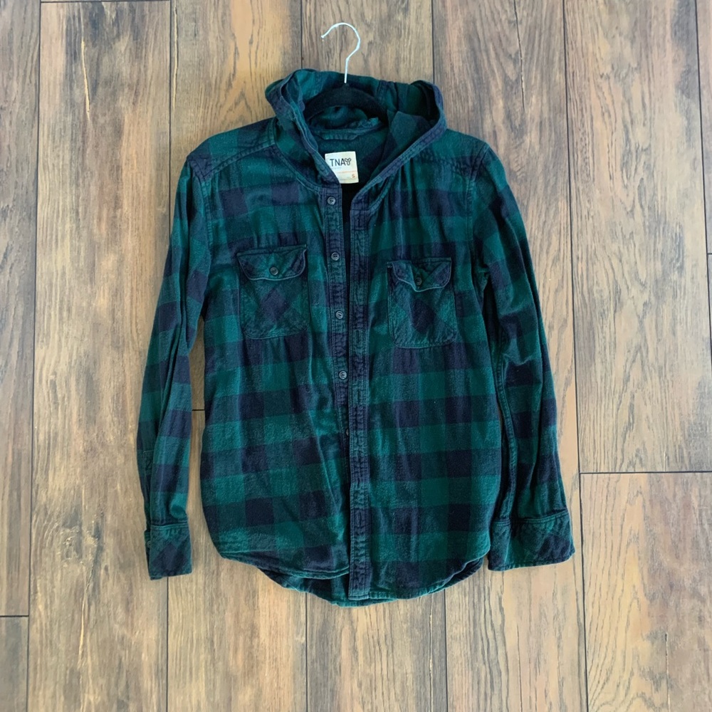 (2/$30) TNA Green Buffalo Check Button Down with Hood